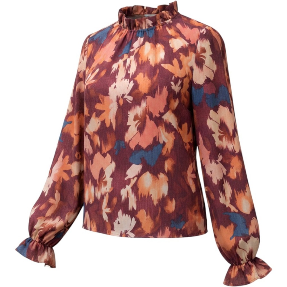 Haptics By Holly Harper Women Floral Mock Neck Blouse Orange Purple Boho Top